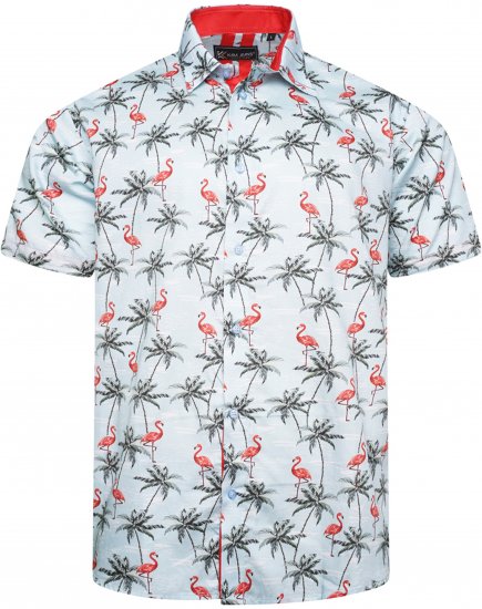 Kam Jeans 6067 Flamingo and Palm Tree Short Sleeve Shirt Blue - Koszule - Koszule 2XL-10XL