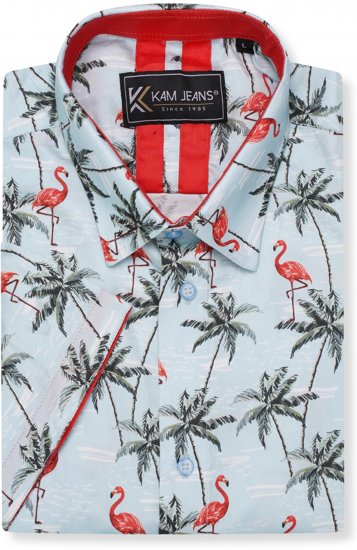 Kam Jeans 6067 Flamingo and Palm Tree Short Sleeve Shirt Blue - Koszule - Koszule 2XL-10XL