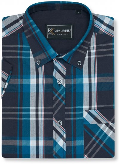 Kam Jeans 6380 Casual Checked Short Sleeve Shirt Navy - Koszulki z krótkim rękawem - Męskie koszule z krótkim rękawem