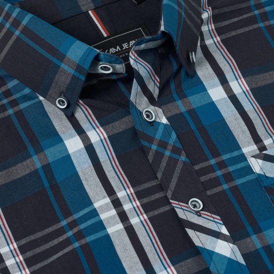 Kam Jeans 6380 Casual Checked Short Sleeve Shirt Navy - Koszulki z krótkim rękawem - Męskie koszule z krótkim rękawem