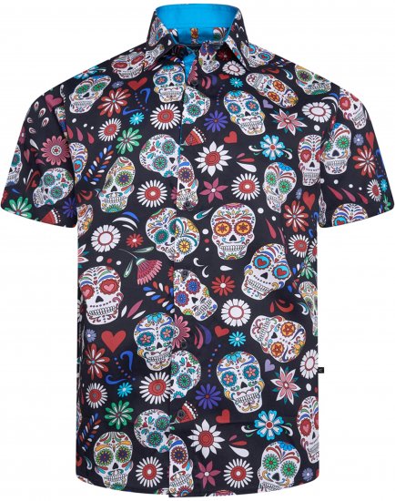Kam Jeans 6069 Skull Print Short Sleeve Black - Koszule - Koszule 2XL-10XL