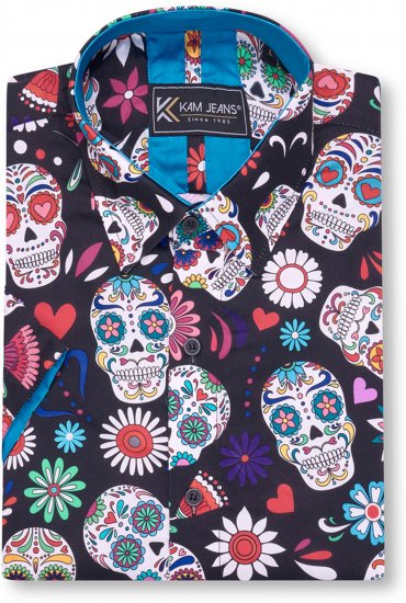 Kam Jeans 6069 Skull Print Short Sleeve Black - Koszule - Koszule 2XL-10XL