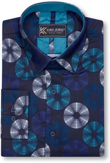Kam Jeans 6071 Record Print Long Sleeve Shirt Navy - Koszule - Koszule 2XL-10XL