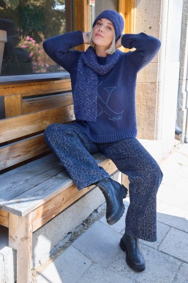 Ulla Popken Textured Glitter Embroidery Oversized Sweater Ink Blue - Bluzy & bluzy z kapturem - 