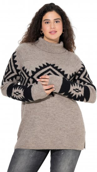 Ulla Popken Aztec Pattern Turtleneck Sweater Pebble Grey - Bluzy & bluzy z kapturem - 