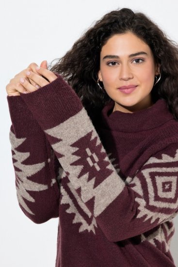 Ulla Popken Aztec Pattern Turtleneck Sweater Plum - Bluzy & bluzy z kapturem - Przytulne bluzy, hoody i swetry