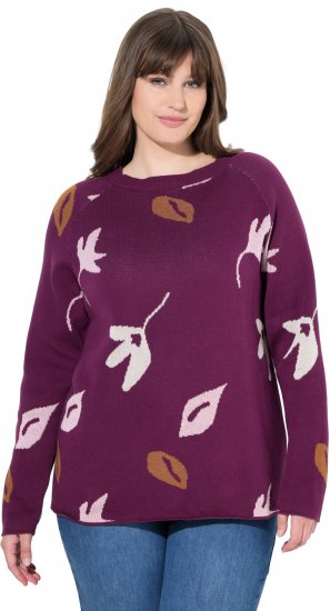 Ulla Popken Eco Cotton Leaf Pattern Long Sleeve Sweater Forest Berry - Bluzy & bluzy z kapturem - 