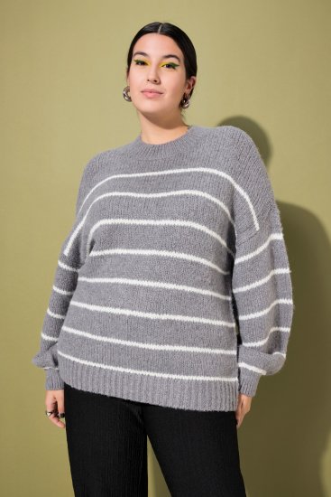 Ulla Popken Oversized Striped Balloon Sleeve Sweater Grey Melange - Bluzy & bluzy z kapturem - 