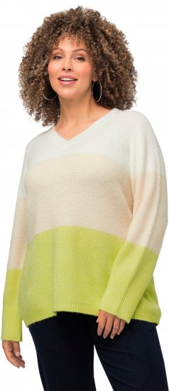 Ulla Popken Block Stripe Long Sleeve V-Neck Sweater Lime Green - Bluzy & bluzy z kapturem - 