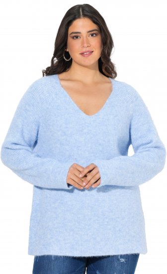 Ulla Popken Long Sleeve V-Neck Ribbed Knit Sweater Light Blue - Bluzy & bluzy z kapturem - 