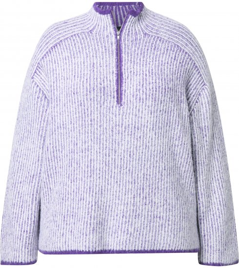 Ulla Popken Striped Knit Long Sleeve Troyer Collar Sweater Purple - Bluzy & bluzy z kapturem - 