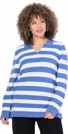 Ulla Popken Striped Polo Collar Long Sleeve Sweater Aegean Blue - Bluzy & bluzy z kapturem - 
