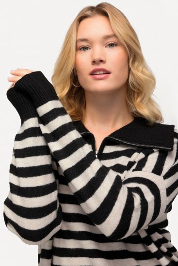 Ulla Popken Striped Troyer Collar Sweater Black - Bluzy & bluzy z kapturem - Przytulne bluzy, hoody i swetry