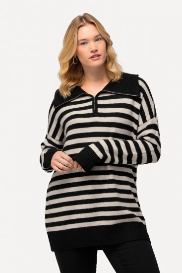 Ulla Popken Striped Troyer Collar Sweater Black - Bluzy & bluzy z kapturem - Przytulne bluzy, hoody i swetry