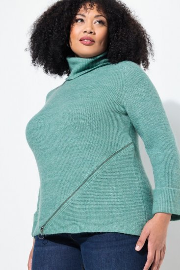 Ulla Popken Asymmetric Zipper Turtleneck Sweater Green - Bluzy & bluzy z kapturem - Przytulne bluzy, hoody i swetry