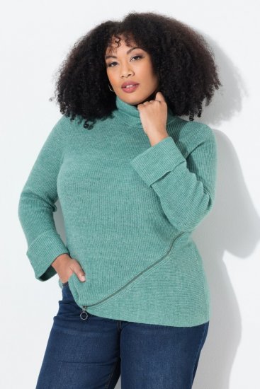 Ulla Popken Asymmetric Zipper Turtleneck Sweater Green - Bluzy & bluzy z kapturem - Przytulne bluzy, hoody i swetry