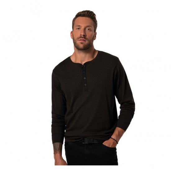 JP1880 T-Shirt Henley Long Sleeve Striped Brown TALL - ODZIEŻ MĘSKA MT-6XLT - WYSOKIE-rozmiary