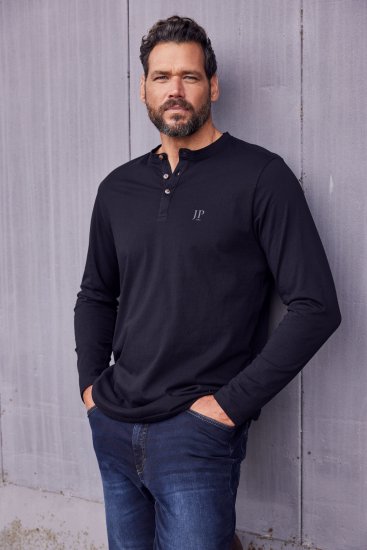 JP1880 Henley T-Shirt Long Sleeve Black TALL - ODZIEŻ MĘSKA MT-6XLT - WYSOKIE-rozmiary