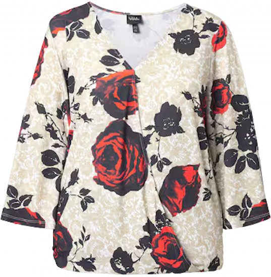 Ulla Popken Rose Print Faux Wrap Top Off-White - T-shirty - 