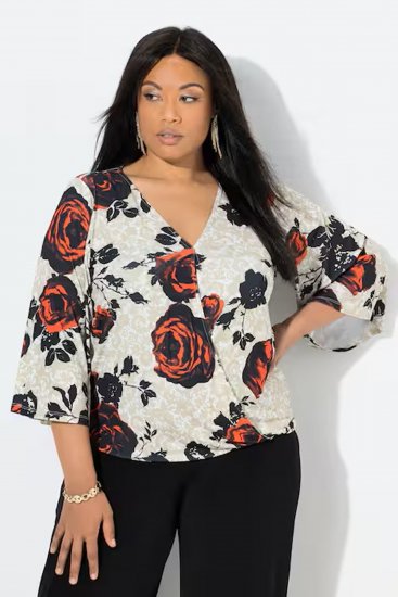 Ulla Popken Rose Print Faux Wrap Top Off-White - T-shirty - 