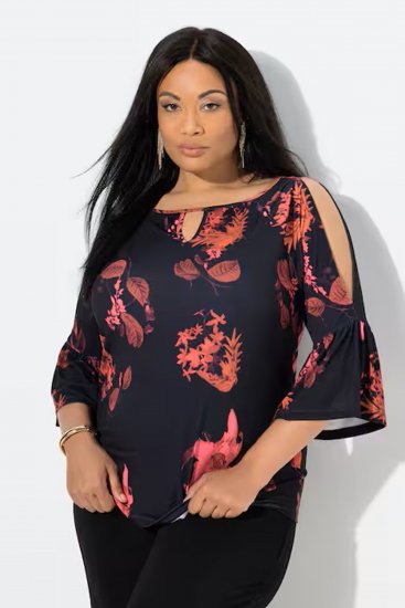 Ulla Popken Botanical Print Cold Shoulder Top Black - T-shirty - 