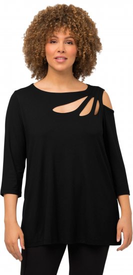 Ulla Popken Asymmetric Petal Cutouts A-line Fit Stretch Knit Top Black - T-shirty - 