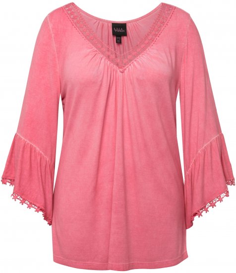 Ulla Popken Trumpet Sleeve Cold Dyed Tee Dark Pink - Koszulki z nadrukiem dla kobiet - 