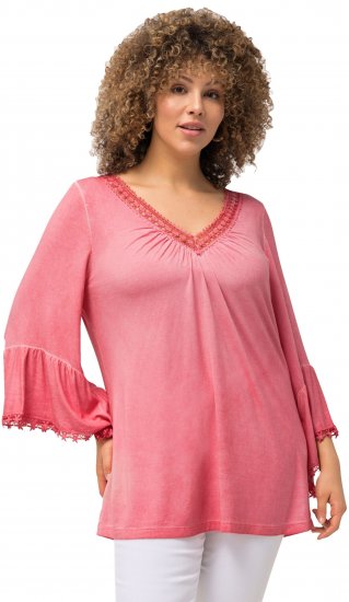 Ulla Popken Trumpet Sleeve Cold Dyed Tee Dark Pink - Koszulki z nadrukiem dla kobiet - 
