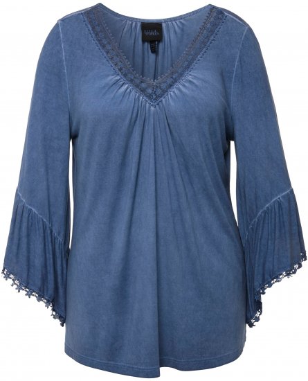 Ulla Popken Trumpet Sleeve Cold Dyed Tee Dove Blue - Koszulki z nadrukiem dla kobiet - 