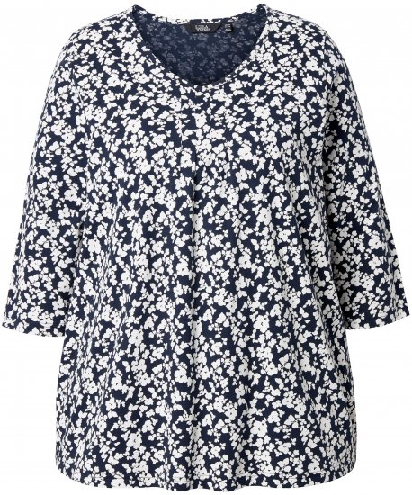 Ulla Popken Floral 3/4 Sleeve V-Neck A-Line Tee Navy - T-shirty - 
