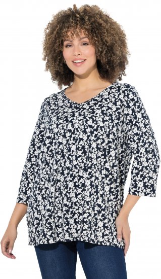 Ulla Popken Floral 3/4 Sleeve V-Neck A-Line Tee Navy - T-shirty - 