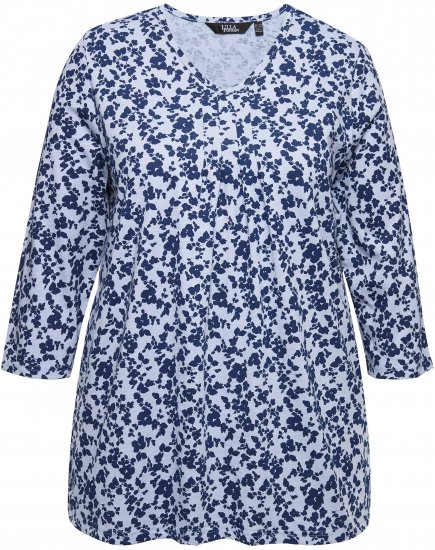 Ulla Popken Floral 3/4 Sleeve V-Neck A-Line Tee Blue - T-shirty - 