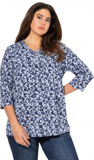 Ulla Popken Floral 3/4 Sleeve V-Neck A-Line Tee Blue - T-shirty - 