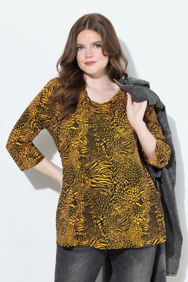 Ulla Popken Animal Print 3/4 Sleeve V-Neck Tee Neon Orange - T-shirty - T-shirty damskie plus size