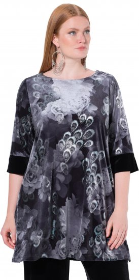 Ulla Popken Velvet Peacock Feather 3/4 Sleeve Tunic Blouse Black - T-shirty - 