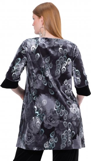 Ulla Popken Velvet Peacock Feather 3/4 Sleeve Tunic Blouse Black - T-shirty - 