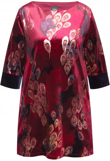Ulla Popken Velvet Peacock Feather 3/4 Sleeve Tunic Blouse Wine Red - T-shirty - 