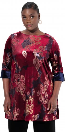 Ulla Popken Velvet Peacock Feather 3/4 Sleeve Tunic Blouse Wine Red - T-shirty - 