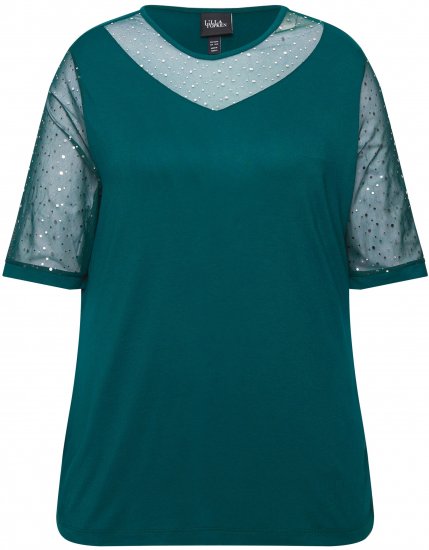 Ulla Popken Sequined Mesh Sleeve Blouse Dark Green - T-shirty - 