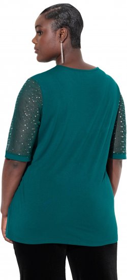 Ulla Popken Sequined Mesh Sleeve Blouse Dark Green - T-shirty - 