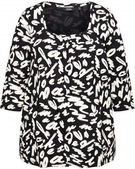 Ulla Popken Scribble Print Square Neck 3/4 Sleeve Tee Black - Koszulki z nadrukiem dla kobiet - 