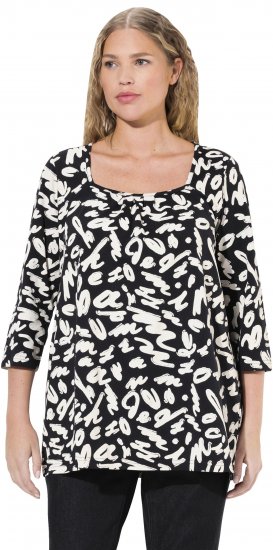 Ulla Popken Scribble Print Square Neck 3/4 Sleeve Tee Black - Koszulki z nadrukiem dla kobiet - 