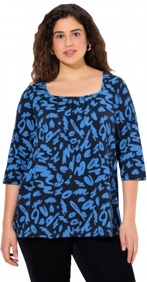 Ulla Popken Scribble Print Square Neck 3/4 Sleeve Tee Navy - Koszulki z nadrukiem dla kobiet - 