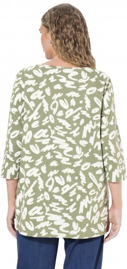 Ulla Popken Scribble Print Square Neck 3/4 Sleeve Tee Sage Green - Koszulki z nadrukiem dla kobiet - 