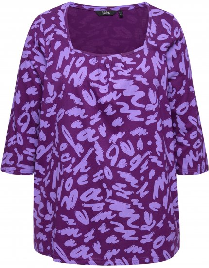 Ulla Popken Scribble Print Square Neck 3/4 Sleeve Tee Violet - Koszulki z nadrukiem dla kobiet - 