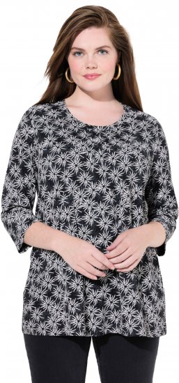 Ulla Popken Graphic Flower A-Line 3/4 Sleeve Tee Black - T-shirty - 