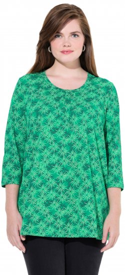 Ulla Popken Graphic Flower A-Line 3/4 Sleeve Tee Moss Green - T-shirty - 