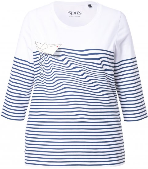 Ulla Popken Paper Boat Print 3/4 Sleeve Tee Snow White - Koszulki z nadrukiem dla kobiet - 