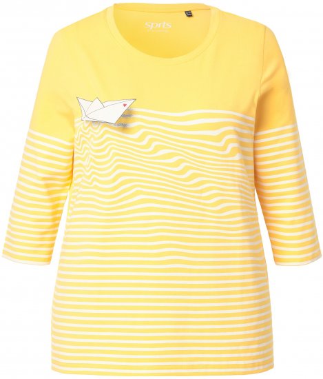 Ulla Popken Paper Boat Print 3/4 Sleeve Tee Sun Yellow - Koszulki z nadrukiem dla kobiet - 