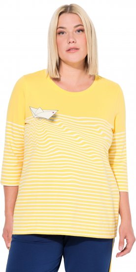 Ulla Popken Paper Boat Print 3/4 Sleeve Tee Sun Yellow - Koszulki z nadrukiem dla kobiet - 